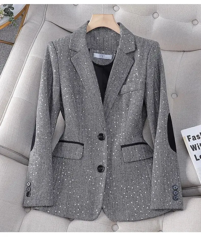 Aiertu 2024 Autumn Retro Gray Splice Plaid Sequins Blazers Coat For Women Brown Elegant Business Vintage Ladies Suit Jacket Fashion Y2k