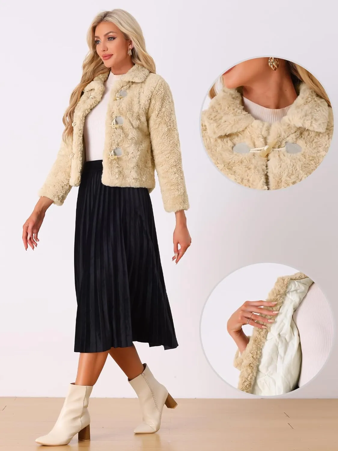 Allegra K Faux Fur Coats for Women's Fluffy Collar Cropped Winter Warm Outwear Casual Jacket