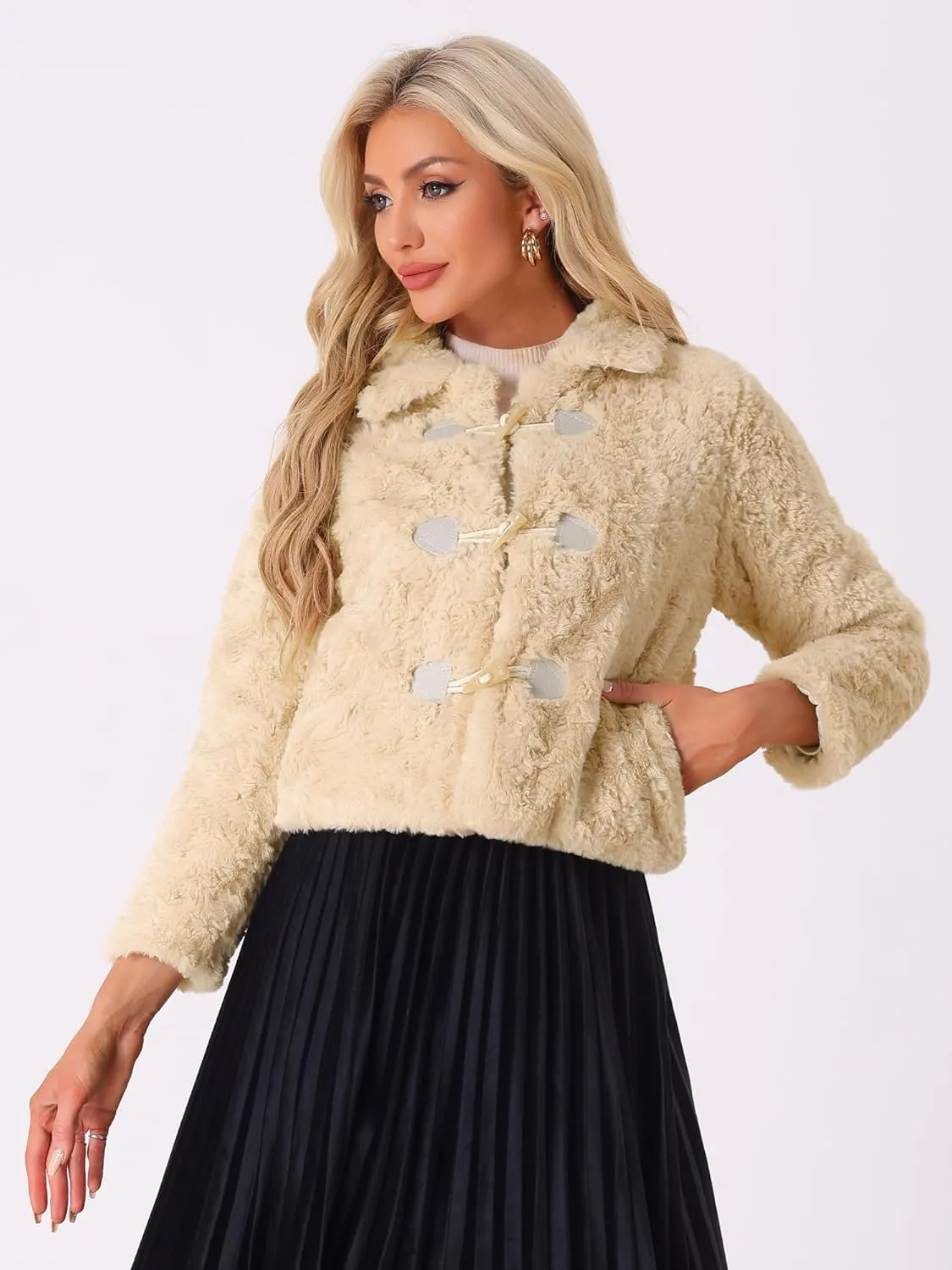 Allegra K Faux Fur Coats for Women's Fluffy Collar Cropped Winter Warm Outwear Casual Jacket