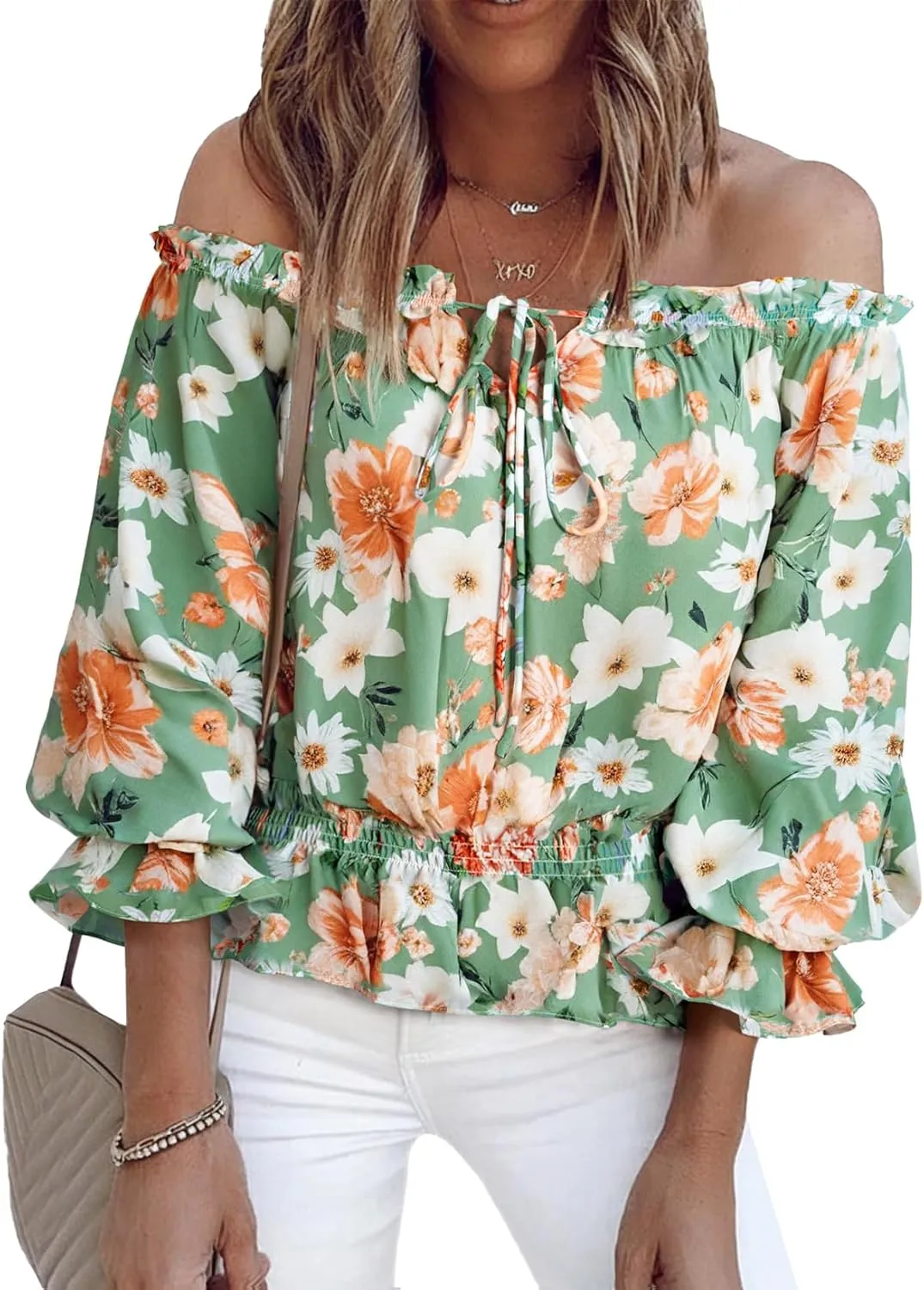 BLENCOT Summer Sexy Off Shoulder Tops for Women Boho Ruffle Sleeve Floral Chiffon Shirts Blouses