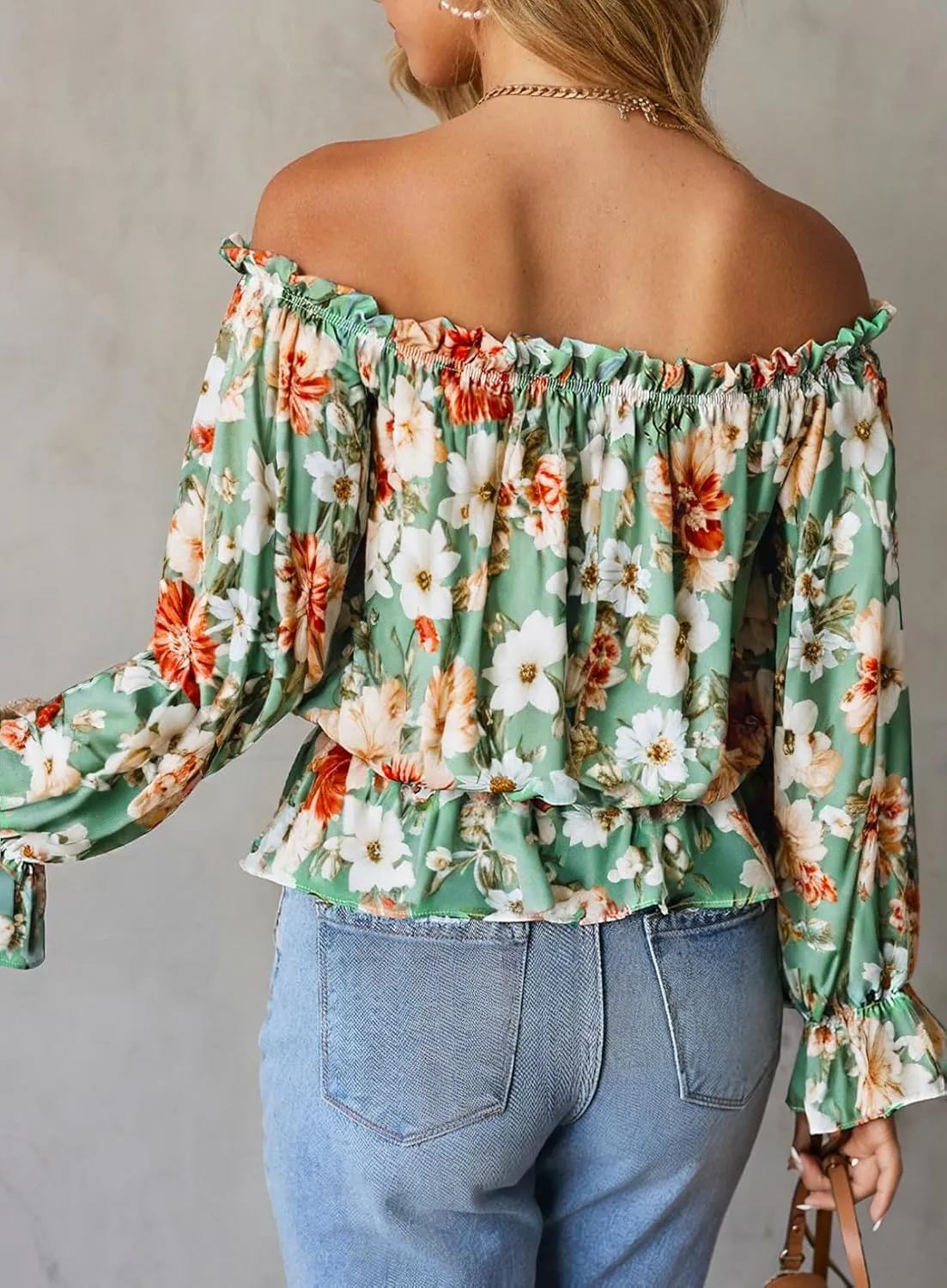 BLENCOT Summer Sexy Off Shoulder Tops for Women Boho Ruffle Sleeve Floral Chiffon Shirts Blouses