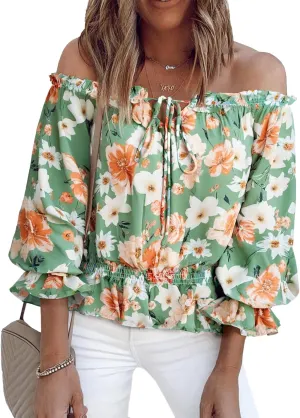 BLENCOT Summer Sexy Off Shoulder Tops for Women Boho Ruffle Sleeve Floral Chiffon Shirts Blouses