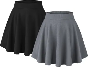 BLEVONH Women's Basic Versatile Stretchy Flared Casual Mini Skater Skirt with Pockets High Waisted Cute Short Skirts 2 Pack