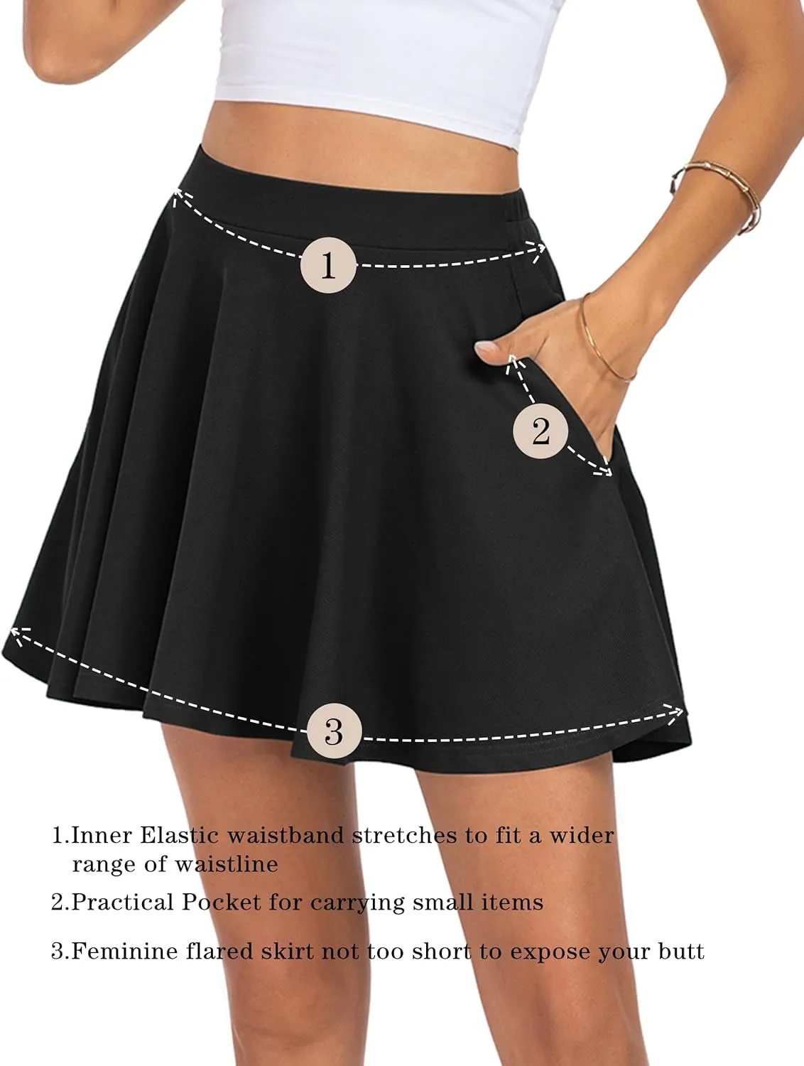 BLEVONH Women's Basic Versatile Stretchy Flared Casual Mini Skater Skirt with Pockets High Waisted Cute Short Skirts 2 Pack