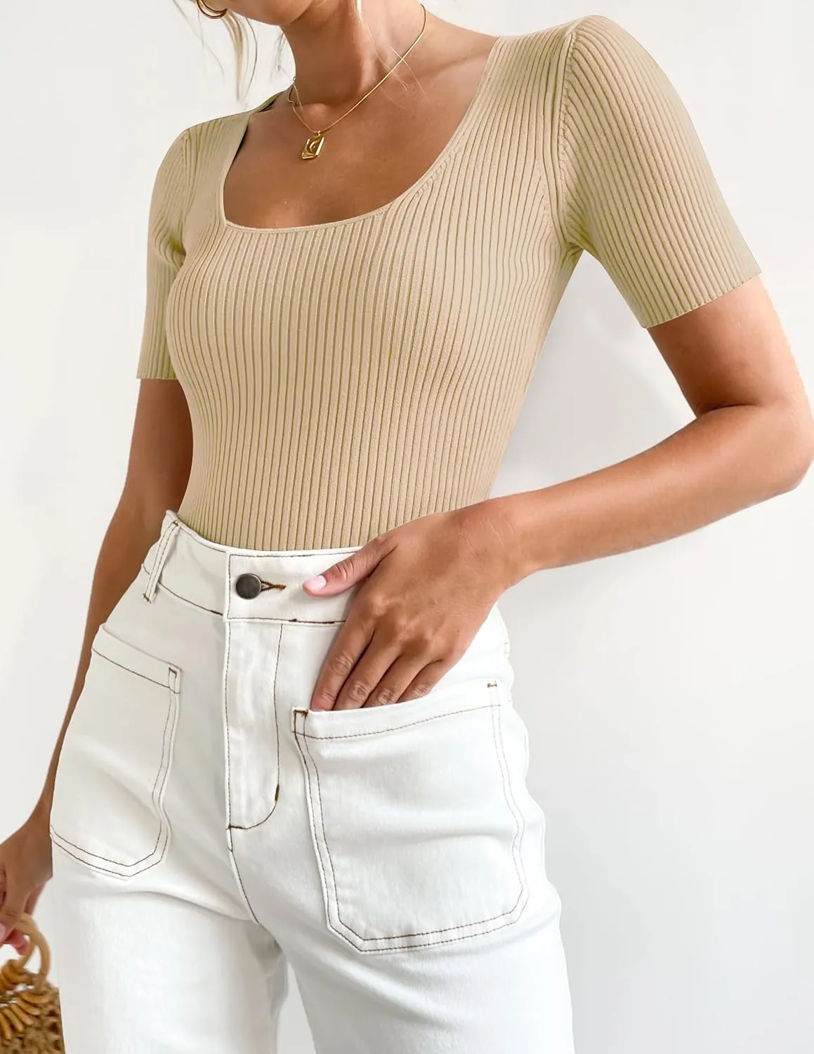 Carpetcom Women's 2024 Short Sleeve Square Neck Ribbed Knit T-Shirts  Stylish Slim Fit Casual Basic Tee Tops for Summer
