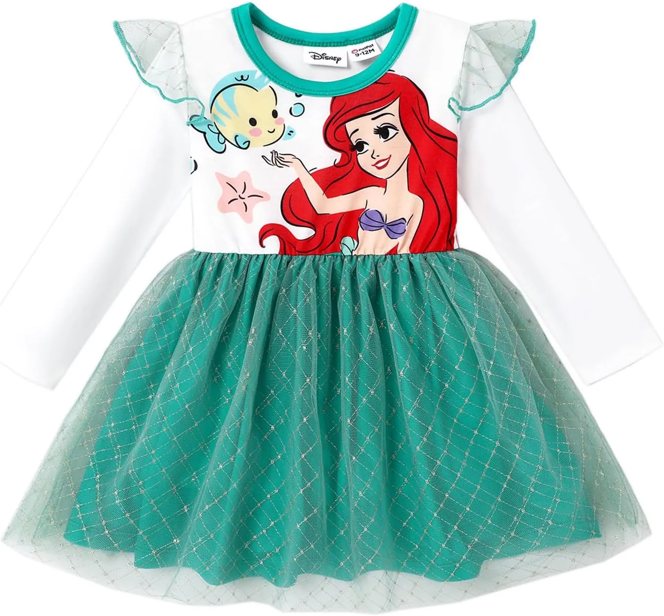 Disney Frozen Elsa Princess Cinderella Ariel Jasmine Rapunzel Baby/Toddler Dress, Ruffle Long-Sleeve Mesh Overlay Tulle Dress