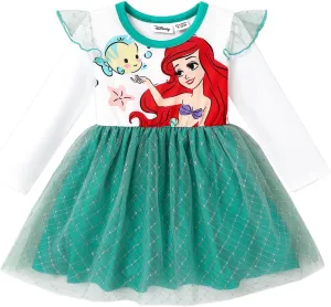 Disney Frozen Elsa Princess Cinderella Ariel Jasmine Rapunzel Baby/Toddler Dress, Ruffle Long-Sleeve Mesh Overlay Tulle Dress