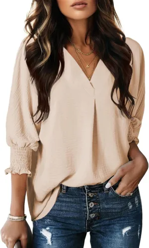 Dokotoo Women Blouses Dressy Casual V Neck 3/4 Length Sleeve Womens Tops with Smocked Cuffs