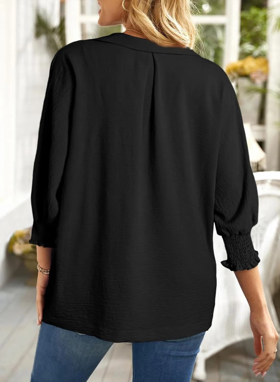 Dokotoo Women Blouses Dressy Casual V Neck 3/4 Length Sleeve Womens Tops with Smocked Cuffs