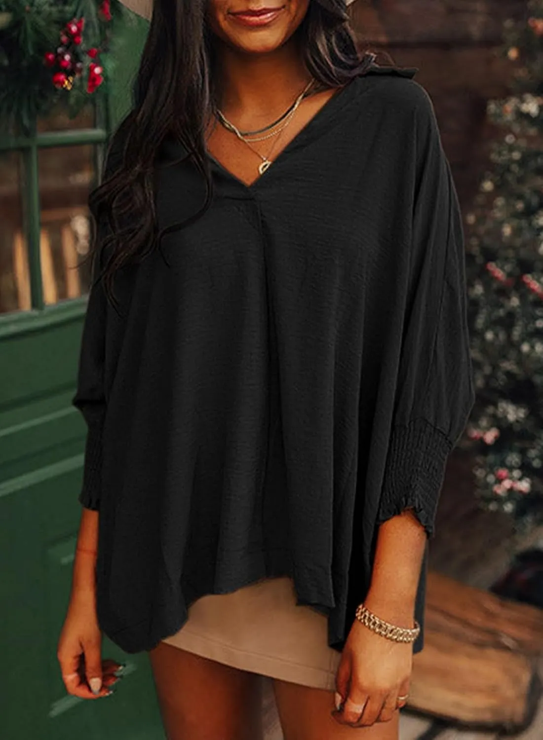 Dokotoo Women Blouses Dressy Casual V Neck 3/4 Length Sleeve Womens Tops with Smocked Cuffs