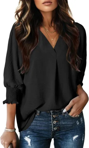 Dokotoo Women Blouses Dressy Casual V Neck 3/4 Length Sleeve Womens Tops with Smocked Cuffs