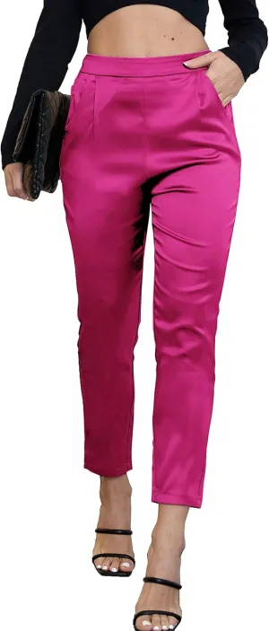 Fakanhui Women's Satin Silky Dress Casual Elastic High Waist Stretch Elegant Pants Trousers
