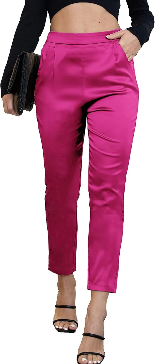 Fakanhui Women's Satin Silky Dress Casual Elastic High Waist Stretch Elegant Pants Trousers