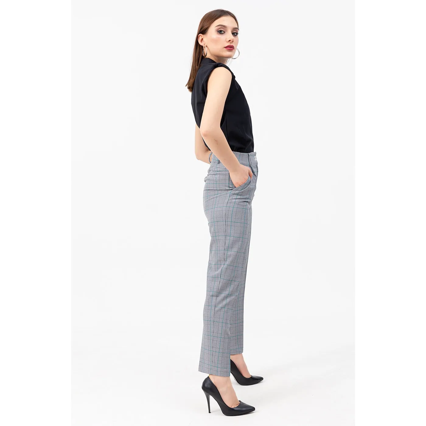 High Waist Plaid Green Trousers