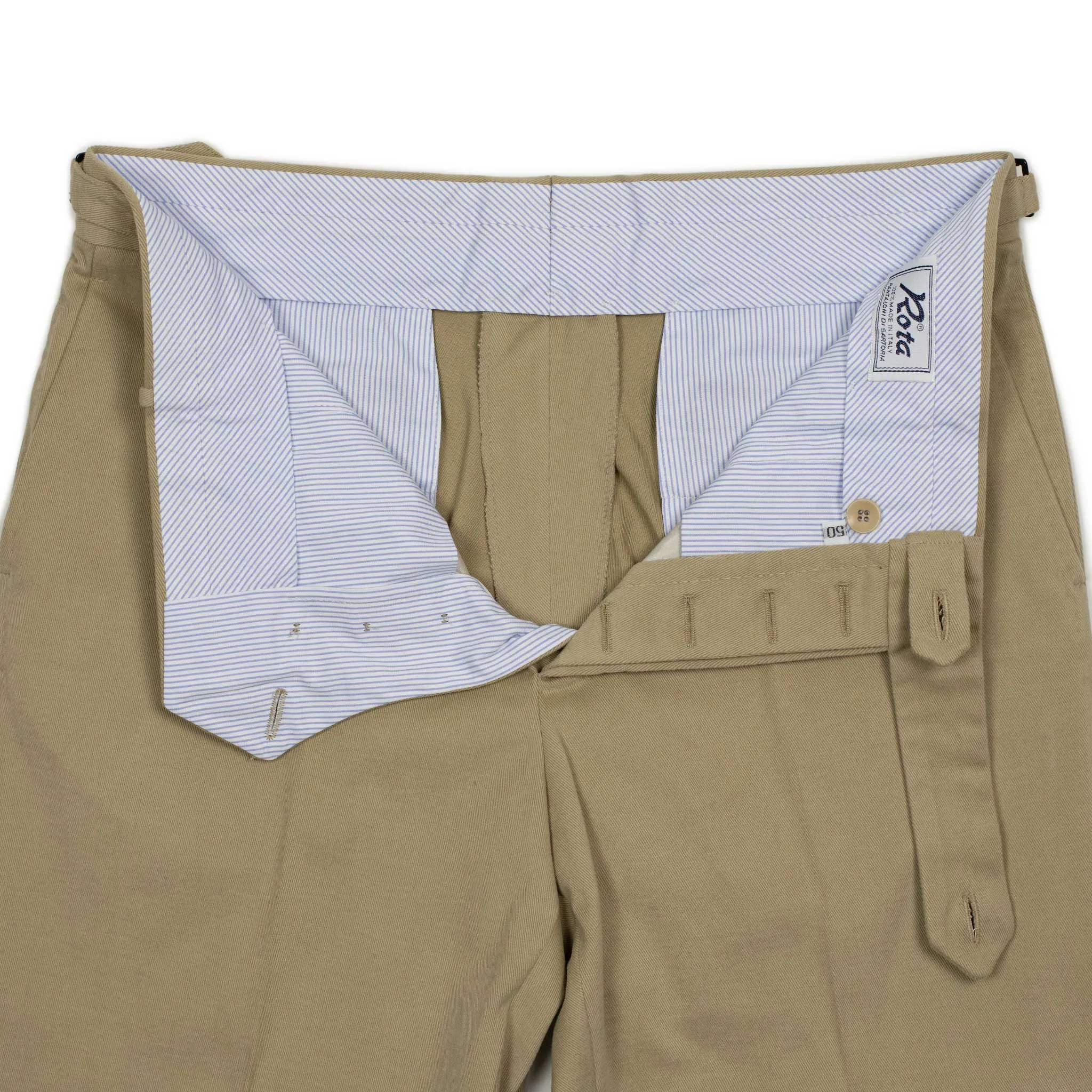 Higher-rise side tab trousers in beige cotton twill (restock)