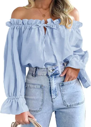 Imily Bela Womens Off The Shoulder Tops Puff Long Sleeve Tie Front Loose Fit Ruffle Shirts Blouses