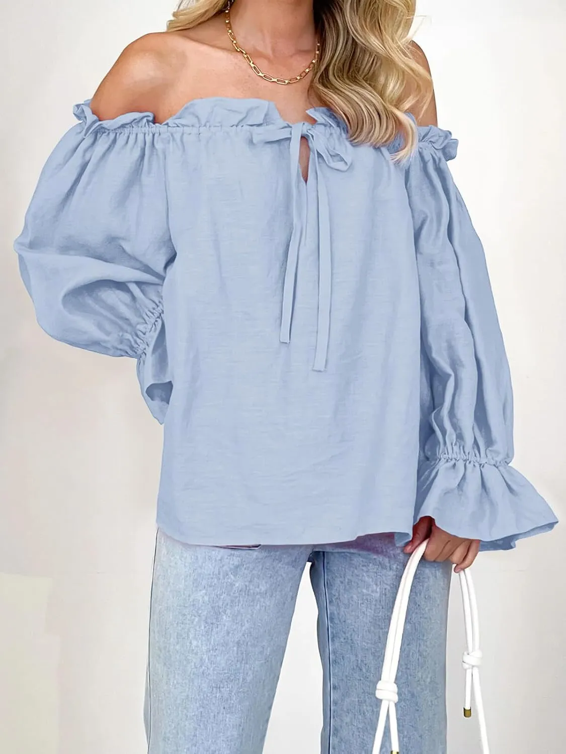 Imily Bela Womens Off The Shoulder Tops Puff Long Sleeve Tie Front Loose Fit Ruffle Shirts Blouses
