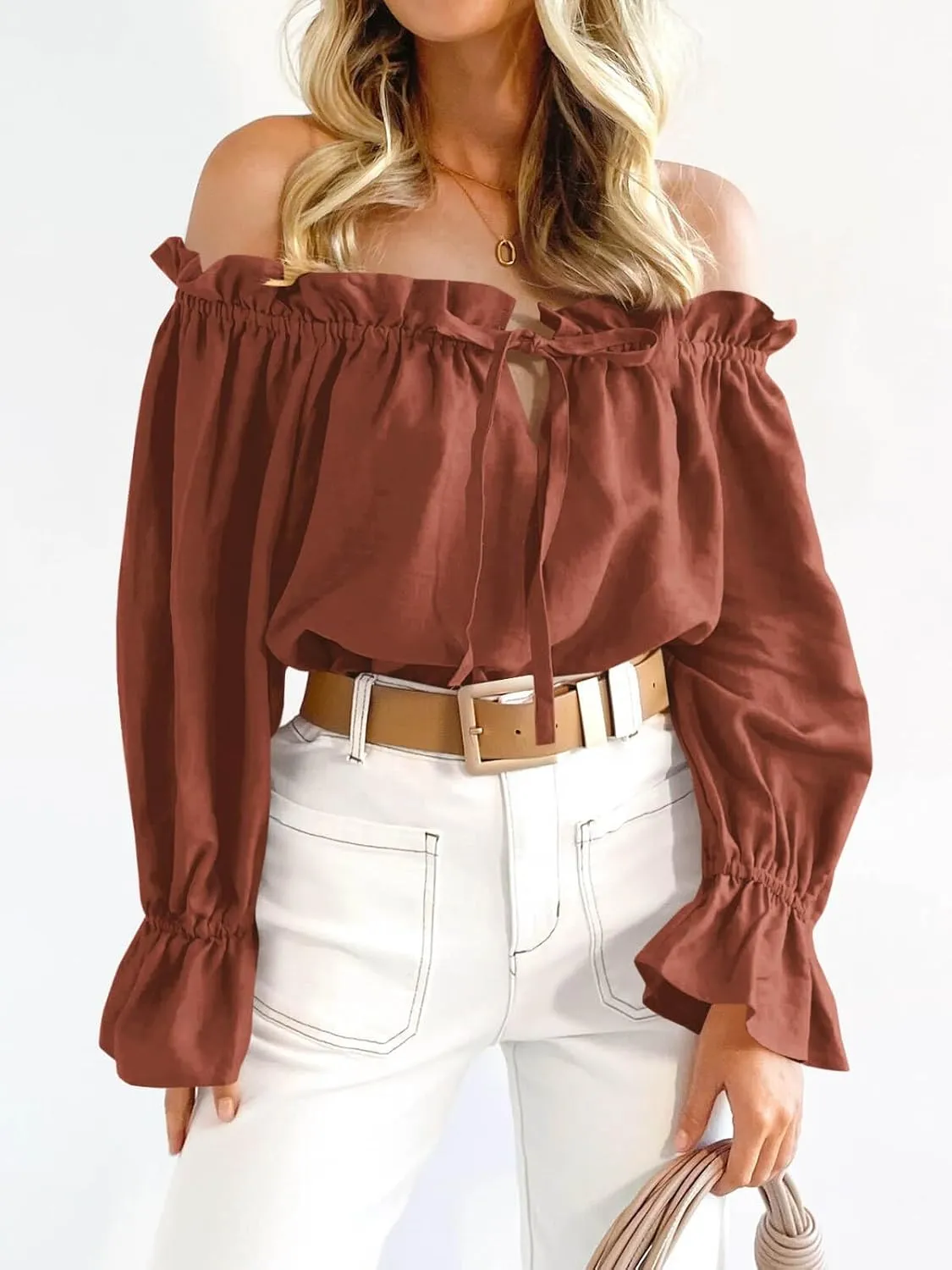 Imily Bela Womens Off The Shoulder Tops Puff Long Sleeve Tie Front Loose Fit Ruffle Shirts Blouses