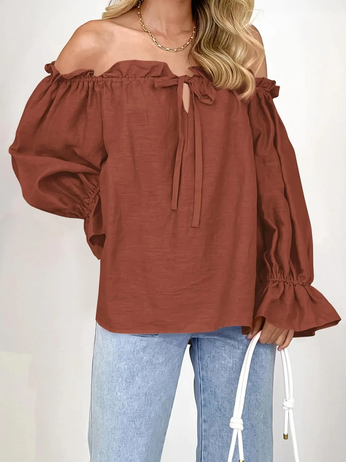 Imily Bela Womens Off The Shoulder Tops Puff Long Sleeve Tie Front Loose Fit Ruffle Shirts Blouses