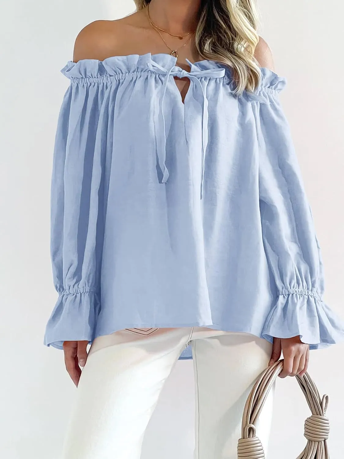 Imily Bela Womens Off The Shoulder Tops Puff Long Sleeve Tie Front Loose Fit Ruffle Shirts Blouses