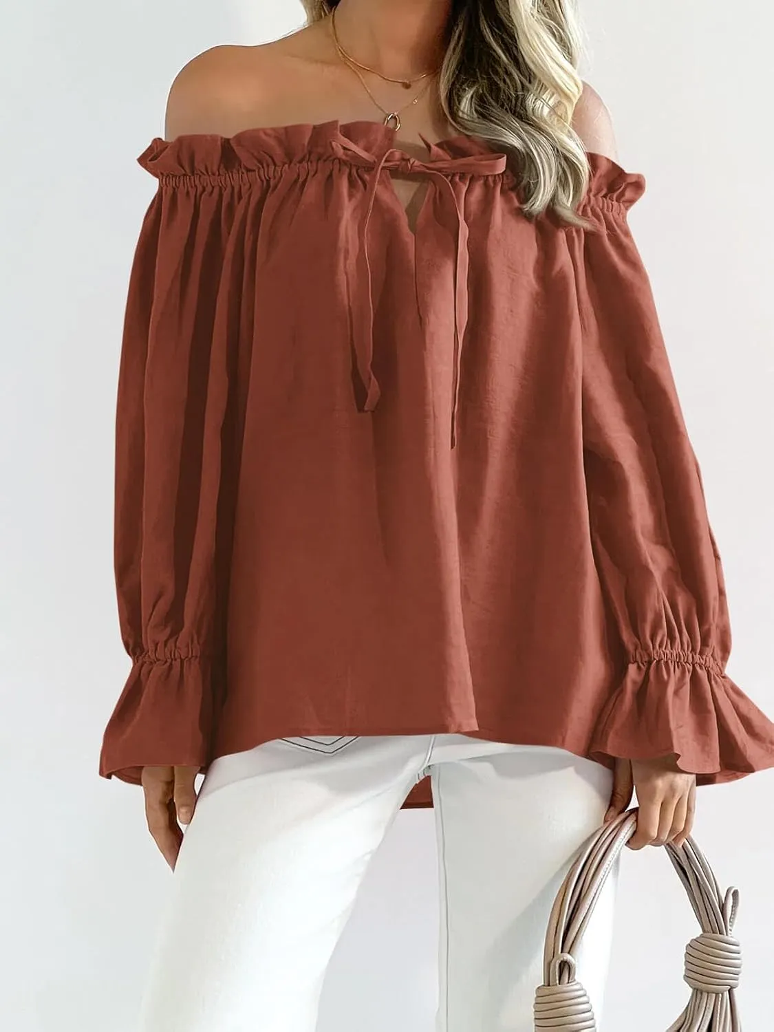Imily Bela Womens Off The Shoulder Tops Puff Long Sleeve Tie Front Loose Fit Ruffle Shirts Blouses