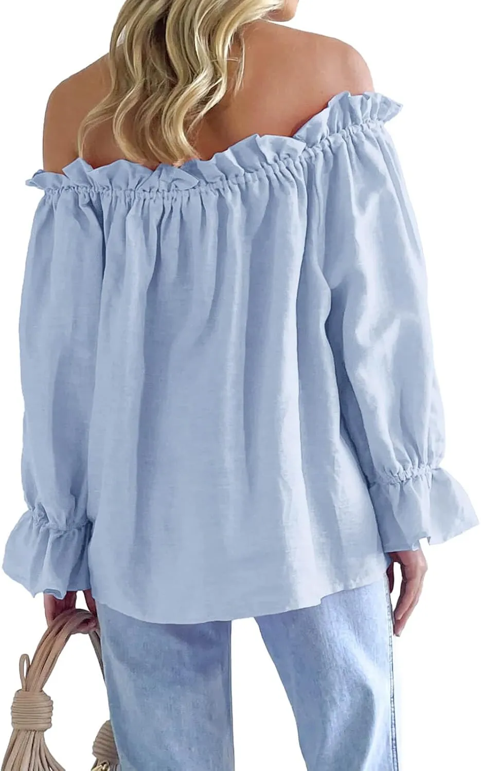 Imily Bela Womens Off The Shoulder Tops Puff Long Sleeve Tie Front Loose Fit Ruffle Shirts Blouses