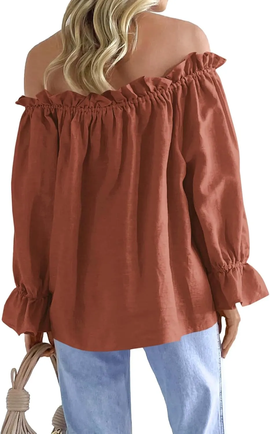 Imily Bela Womens Off The Shoulder Tops Puff Long Sleeve Tie Front Loose Fit Ruffle Shirts Blouses