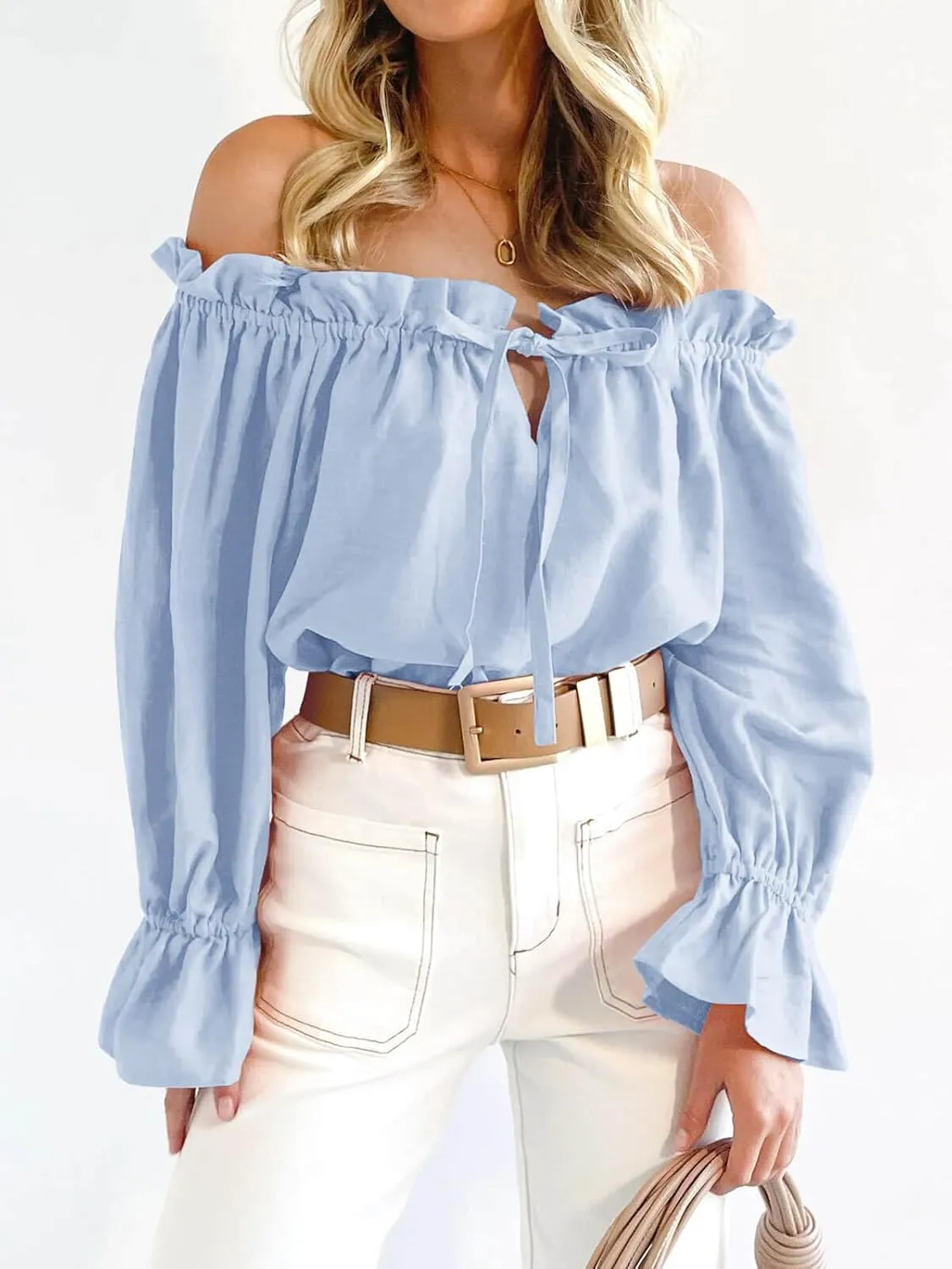 Imily Bela Womens Off The Shoulder Tops Puff Long Sleeve Tie Front Loose Fit Ruffle Shirts Blouses