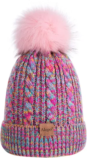 Kids Winter Beanie Hat, Children's Warm Fleece Lined Knit Thick Ski Cap with Pom Pom for Boys Girls