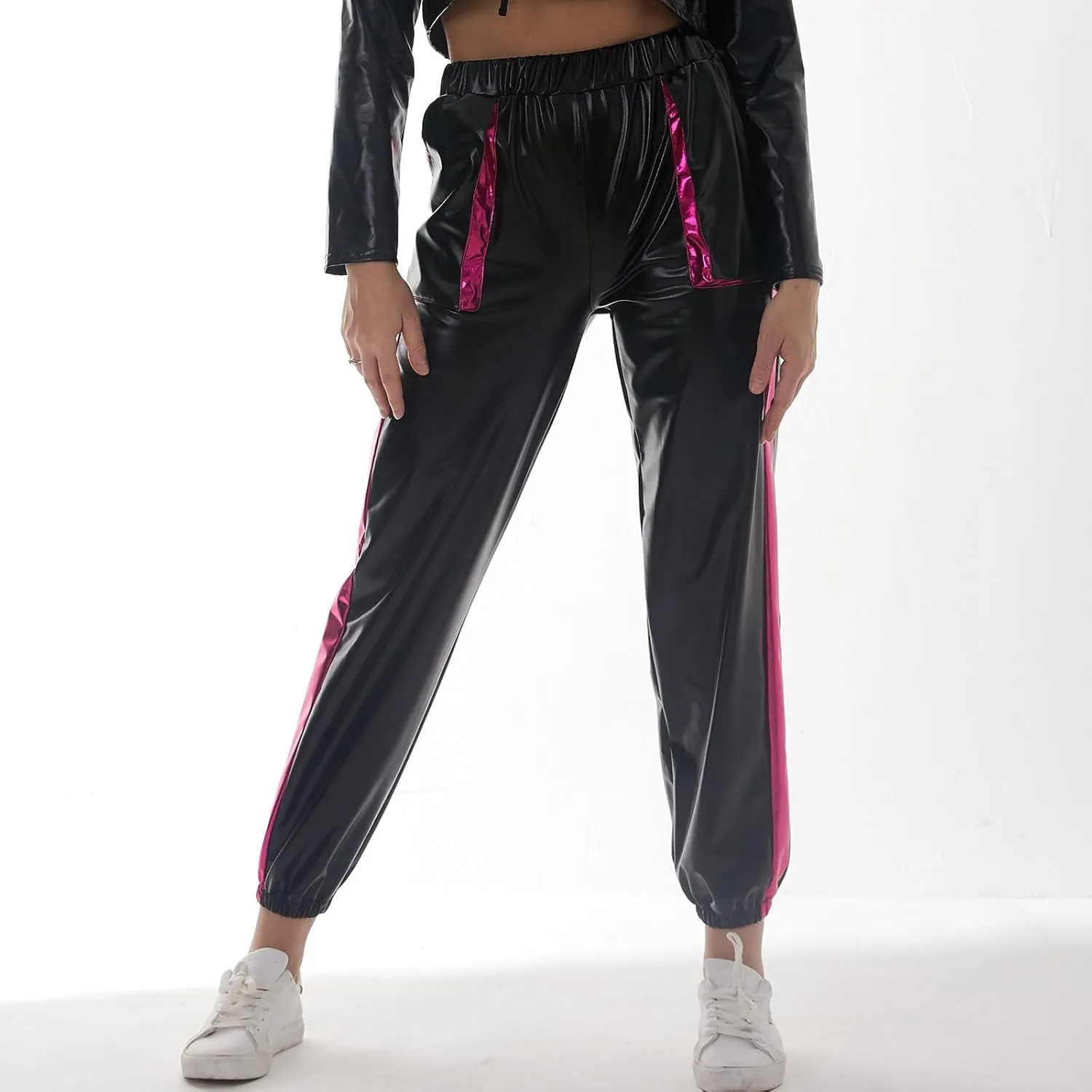 ODASDO Women Shiny Metallic Jogger Pants Wet Look Stretchy Holographic Trousers Casual High Waist Sweatpant Disco Rave Pants