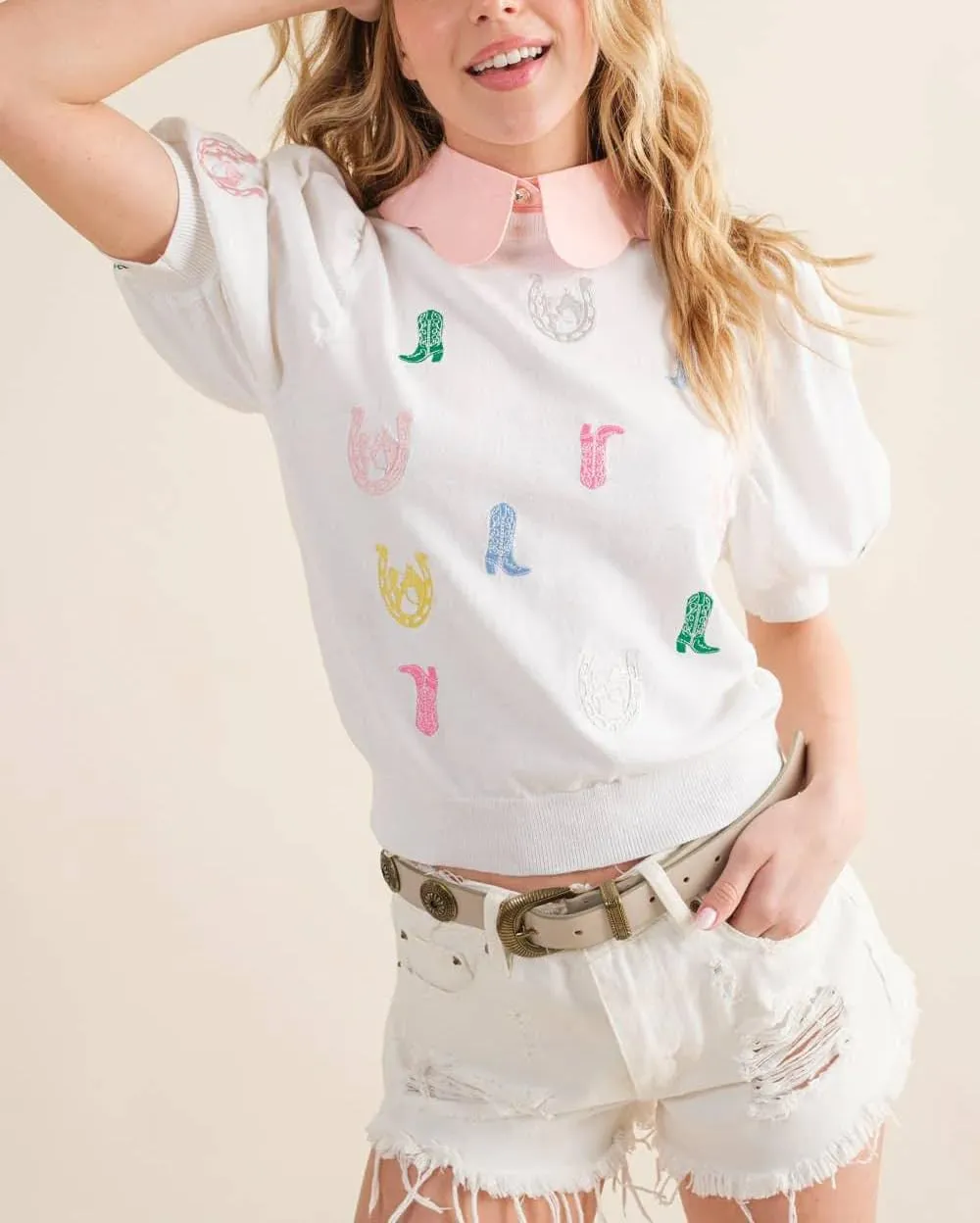 Pink Heart Graphic Sweaters for Women Short Puff Sleeve Vest Top Sweatshirt Holiday Colorful Heart Knit Tank Shirts