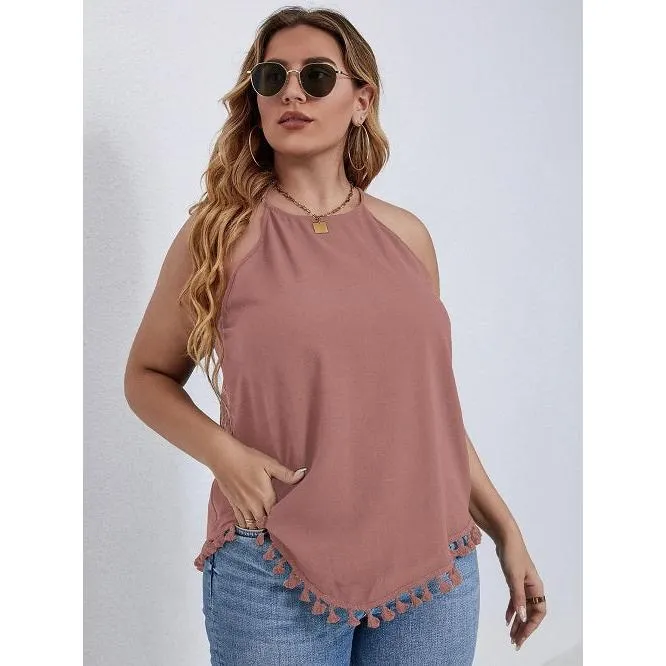 Plus size tassel hem keyhole back halter top