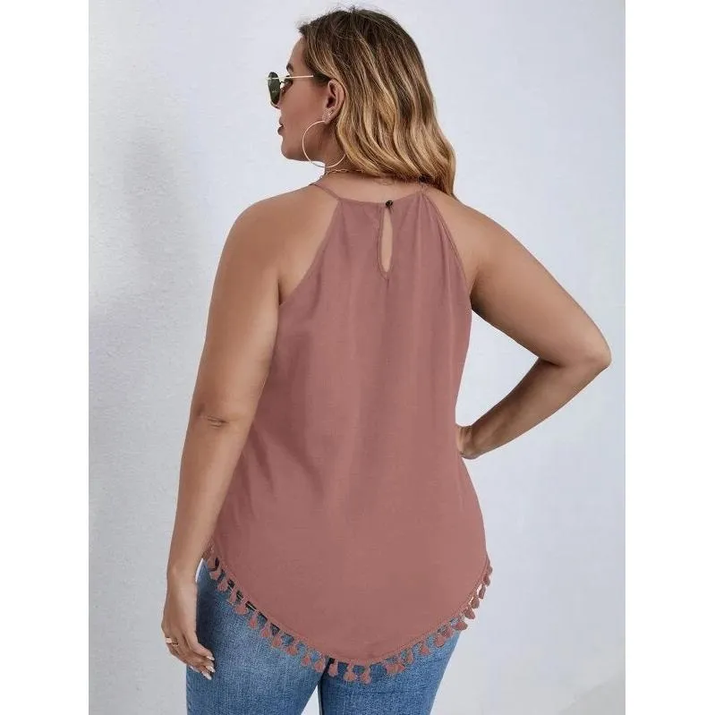 Plus size tassel hem keyhole back halter top