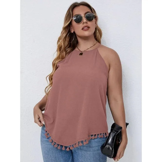 Plus size tassel hem keyhole back halter top