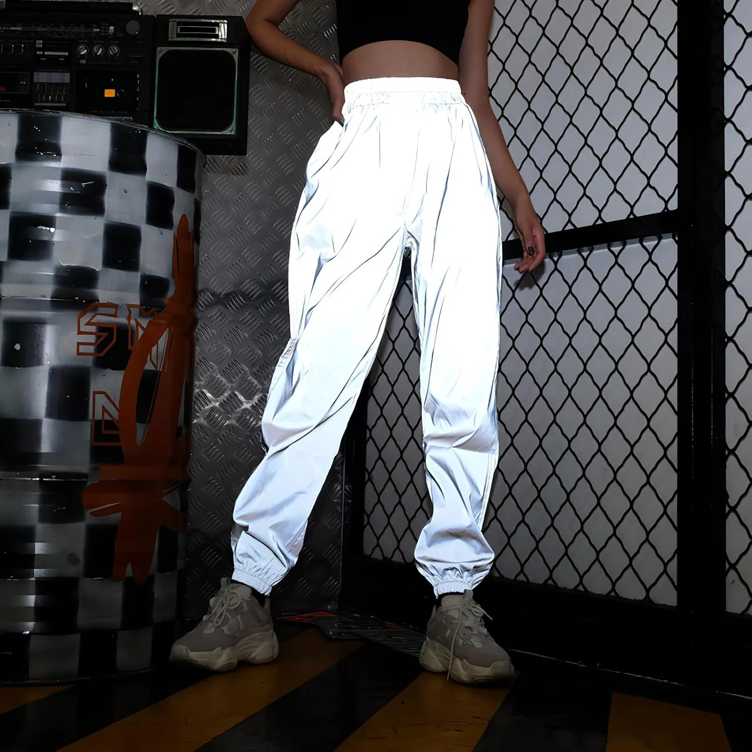 Reflective Pants Women Brand Hip Hop Dance Fluorescent Trousers Casual Harajuku Night Sporting Jogger Pants Gray