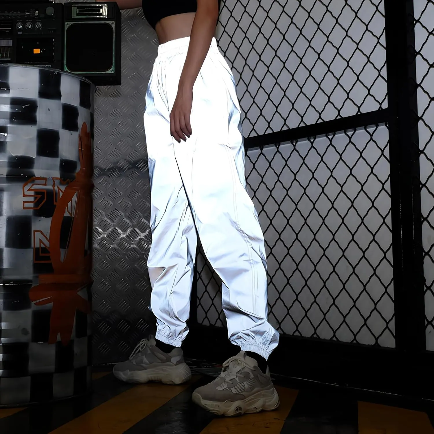 Reflective Pants Women Brand Hip Hop Dance Fluorescent Trousers Casual Harajuku Night Sporting Jogger Pants Gray