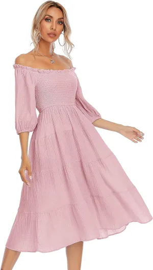R.Vivimos Women's Summer Cotton Lantern Sleeves Ruffled Off Shoulder A-Line Midi Dresses