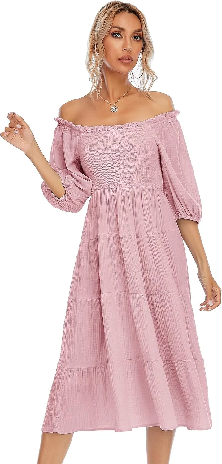 R.Vivimos Women's Summer Cotton Lantern Sleeves Ruffled Off Shoulder A-Line Midi Dresses