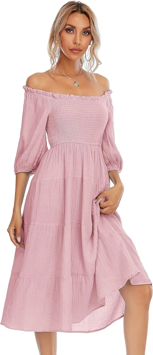 R.Vivimos Women's Summer Cotton Lantern Sleeves Ruffled Off Shoulder A-Line Midi Dresses