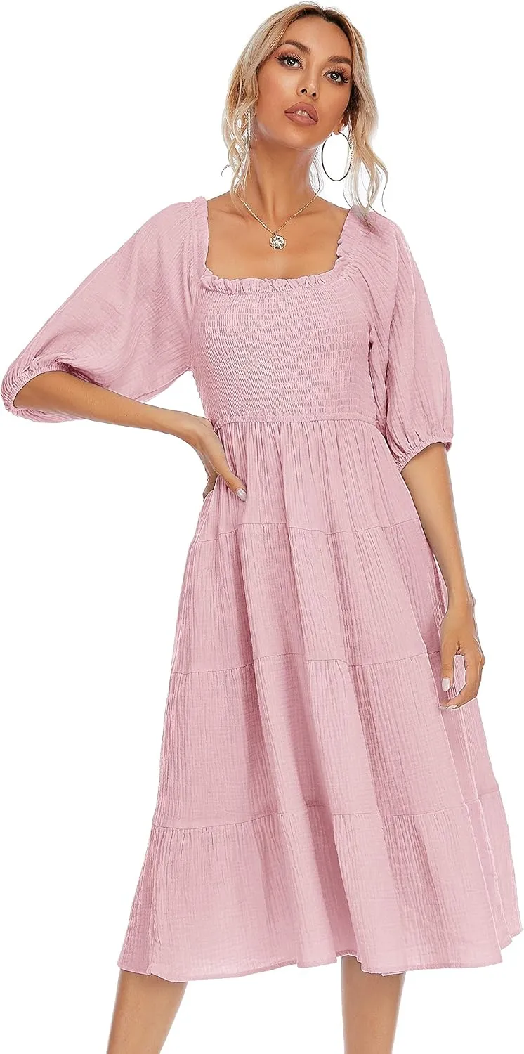 R.Vivimos Women's Summer Cotton Lantern Sleeves Ruffled Off Shoulder A-Line Midi Dresses
