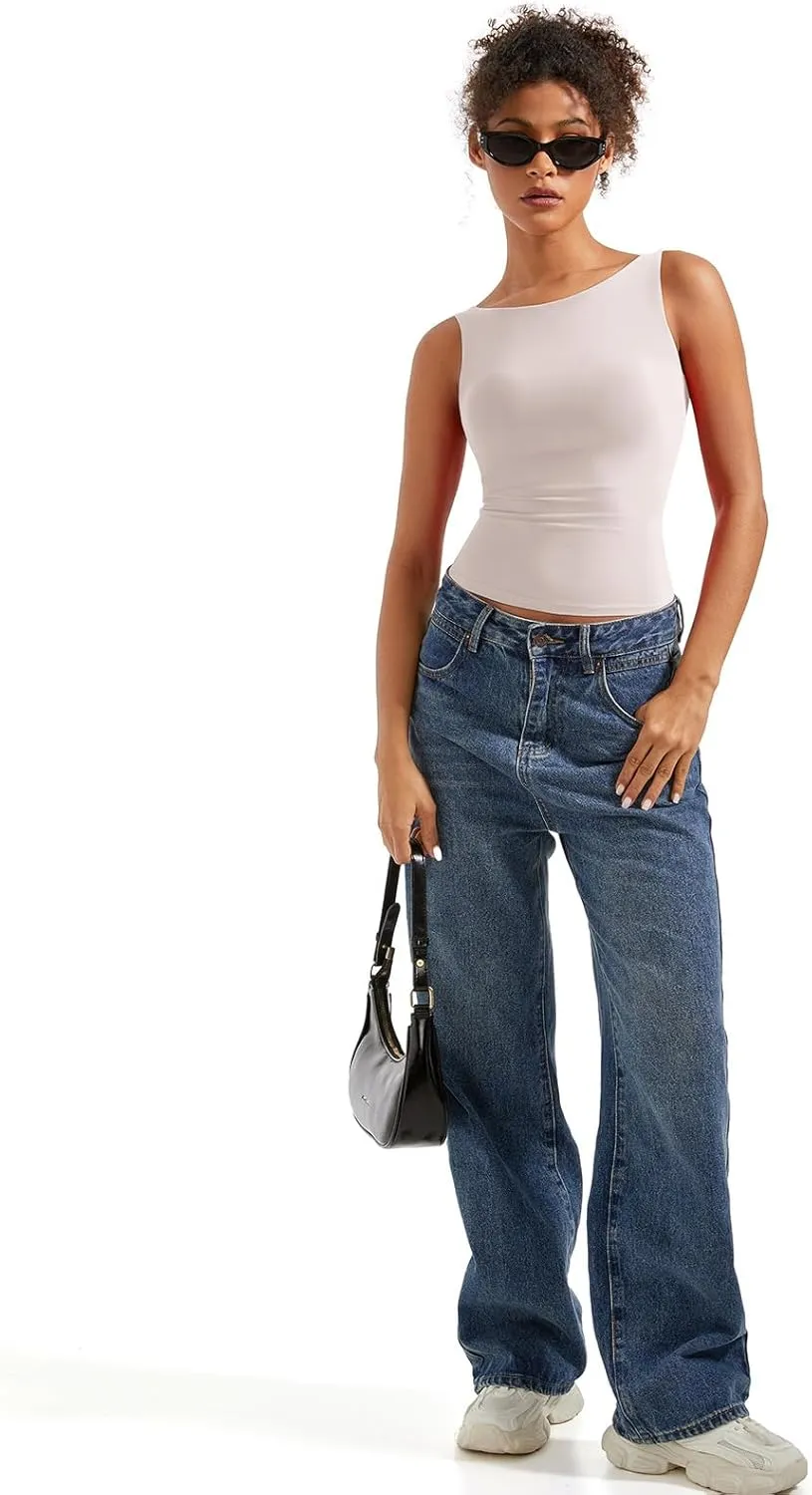 SUUKSESS Women Padded Open Back Boat Neck Tank Tops Double Lined Basic Shirts
