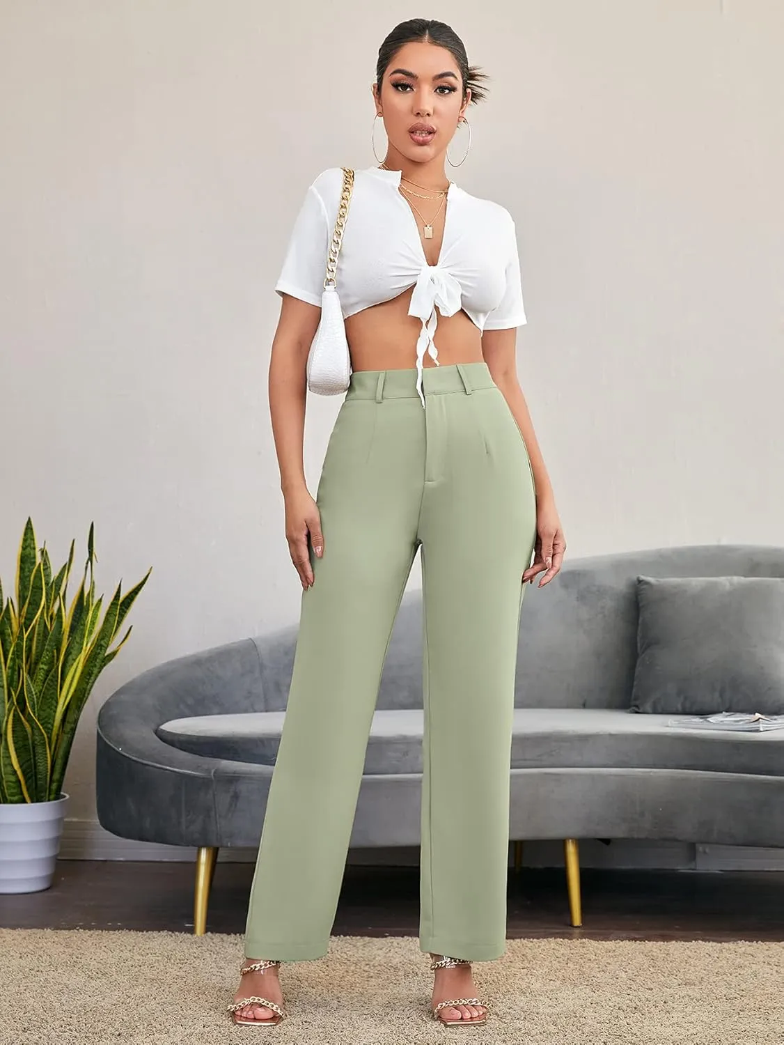 SweatyRocks Women's Elegant High Waist Solid Long Pants Office Trousers
