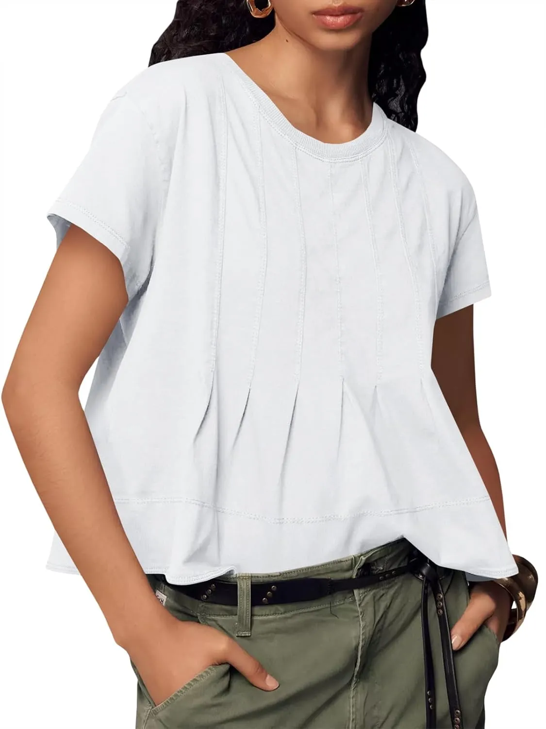 Tankaneo Womens Babydoll Tops Short Sleeve Peplum Pleated Summer T-Shirts Casual Loose Fit Flowy Tshirts 2025