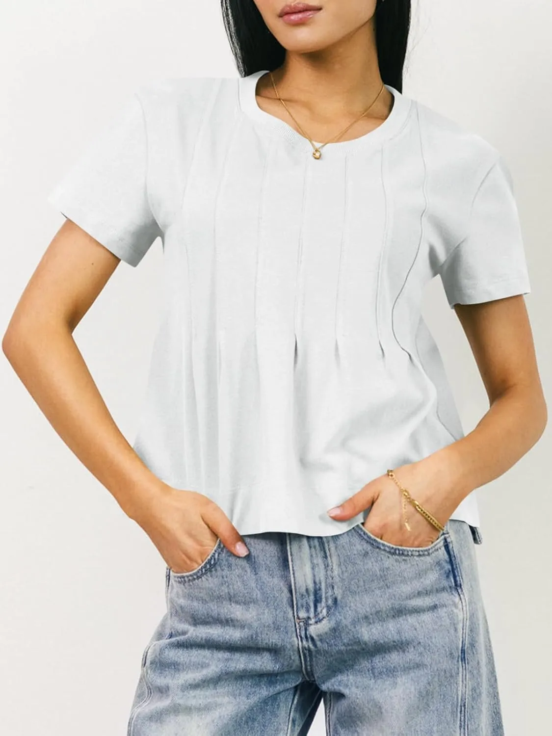 Tankaneo Womens Babydoll Tops Short Sleeve Peplum Pleated Summer T-Shirts Casual Loose Fit Flowy Tshirts 2025
