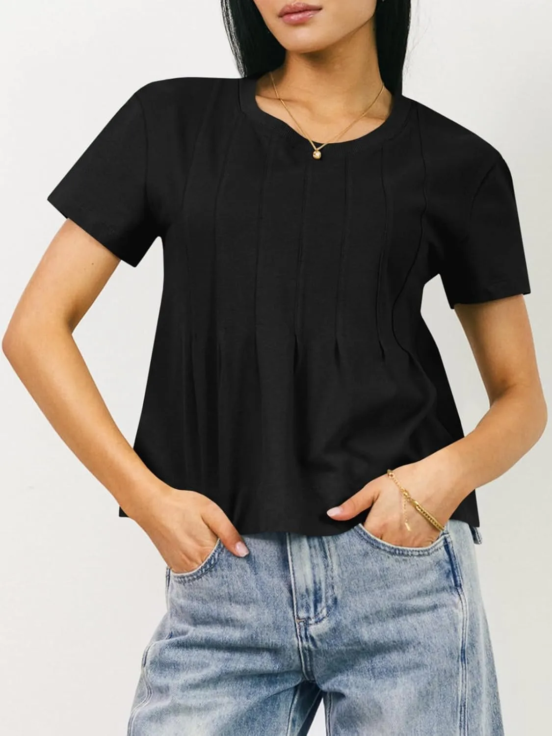 Tankaneo Womens Babydoll Tops Short Sleeve Peplum Pleated Summer T-Shirts Casual Loose Fit Flowy Tshirts 2025