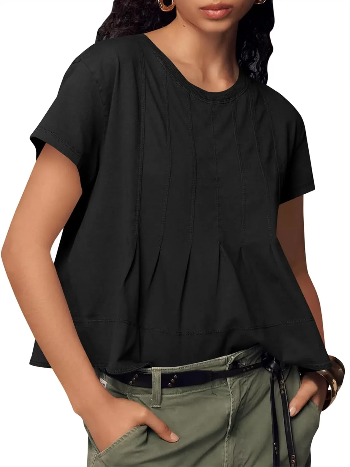 Tankaneo Womens Babydoll Tops Short Sleeve Peplum Pleated Summer T-Shirts Casual Loose Fit Flowy Tshirts 2025