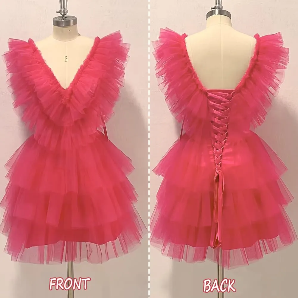 Tiered Tulle Homecoming Dresses for Teens Puffy Ruffles Short Prom Dresses A-Line Cocktail Party Club Growns