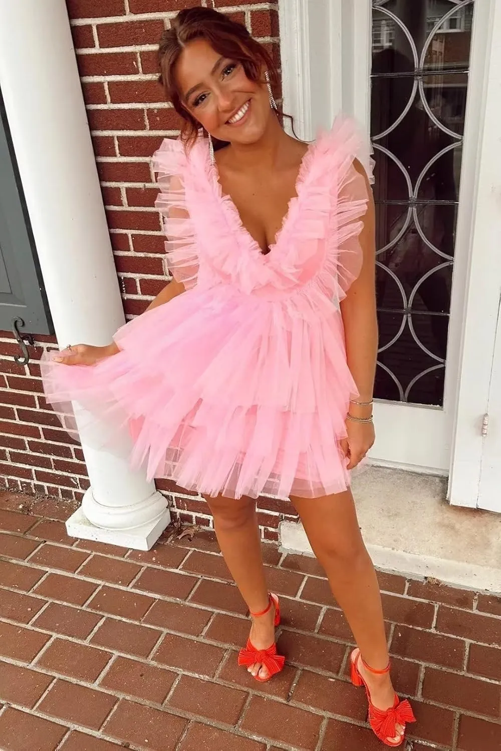 Tiered Tulle Homecoming Dresses for Teens Puffy Ruffles Short Prom Dresses A-Line Cocktail Party Club Growns
