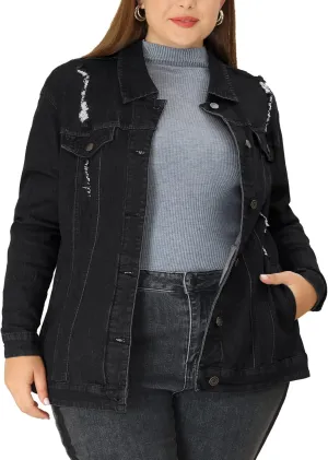 uxcell Women's Plus Size Jean Jacket Stitching Button Front Washed Western Outfit Denim Jacket