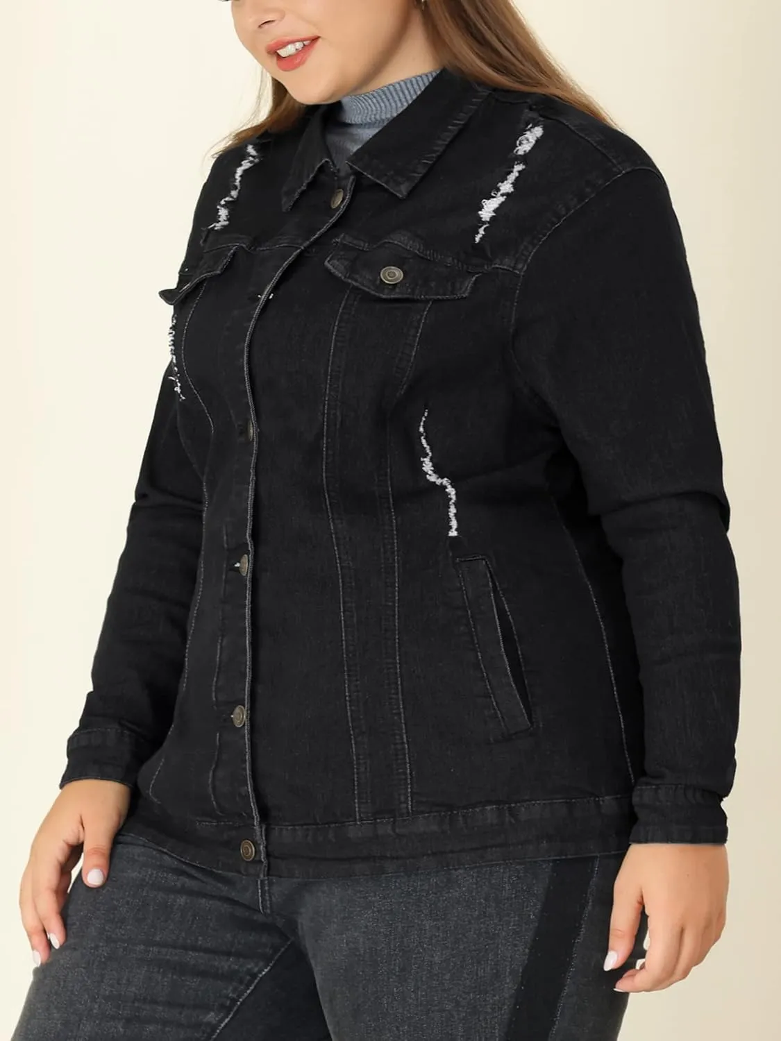uxcell Women's Plus Size Jean Jacket Stitching Button Front Washed Western Outfit Denim Jacket